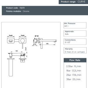 JTP - Curve Single Lever Wall Mounted Basin Mixer - 72273