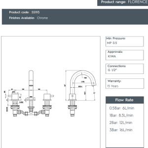 JTP- Florence 3 Hole Basin Mixer - 55193-spec