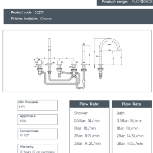 JTP - Florence 5-Hole Bath Shower Mixer with Extractable Hose - 55277