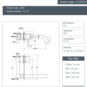 JTP - Florence Single Lever Wall Mounted Basin Mixer - 55231-spec