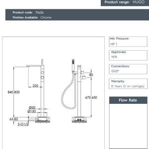 JTP - Hugo Thermostatic Floor Standing Bath Shower Mixer Tap with Kit -71434-spec