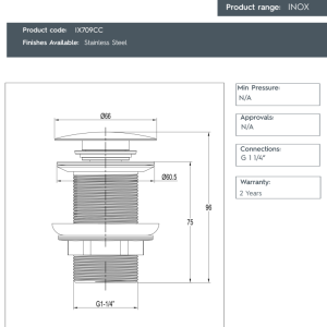 JTP - Inox Basin Waste, Unslotted-IX709CC-spec