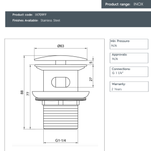 JTP – Inox Basin Waste - IX709FF-spec