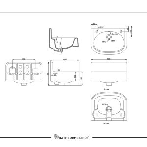 Burlington - Arcade 500mm Cloakroom Basin 2 Tap Holes with Nickel Overflow - ARC500 2TH - spec
