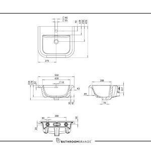 Burlington - Chalfont Ceramic Basin 550mm 1 Tap Hole - CH0551SCW - spec