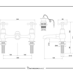 Burlington - Claremont 2 Hole Bridge Basin Mixer with Plug & Chain Waste & Swivel Spout - CL10-QT - spec