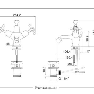 Burlington - Claremont Bidet Mixer with Pop-up Waste - CL13-QT - spec