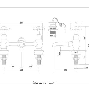 Burlington - Claremont Regent 2 Hole Bridge Basin Mixer with Plug & Chain Waste & Swivel Spout - CLR10-QT - spec