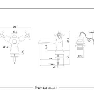 Burlington - Claremont Regent Basin Mixer with Plug & Chain Waste - CLR5-QT - spec