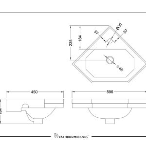 Burlington - Corner Basin 598mm 1 Tap Hole - B10 - spec