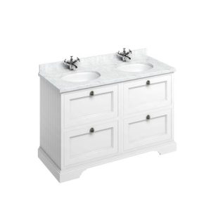 Burlington - Freestanding 1300mm Vanity Unit with Drawers in Matt White with Carrara White Worktop and Two Intergrated White Basins - FC10W