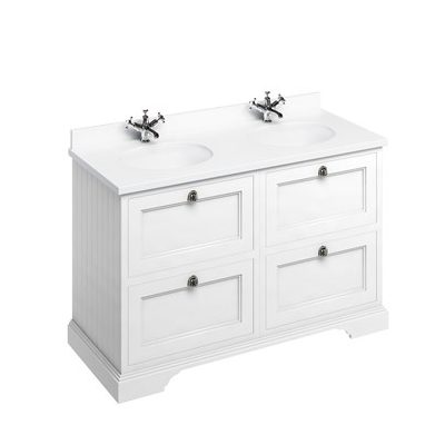 Burlington - Freestanding 1300mm Vanity Unit with Drawers in Matt White with White Worktop and Two Intergrated White Basins - FC10W