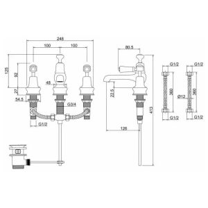 Burlington - Kensington 3 Hole Basin Mixer with Pop-Up waste - KE12-QT - spec