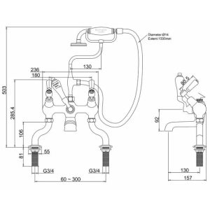 Burlington - Kensington Bath Shower Mixer Deck Mounted - KE15-QT - spec