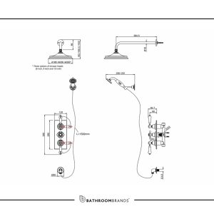 Burlington - Trent Two Outlet Thermostatic Concealed Shower Valve with Wall Outlet, Hose, Handset Fixed Arm with 6 Head in Chrome - TF3S+V16 - spec