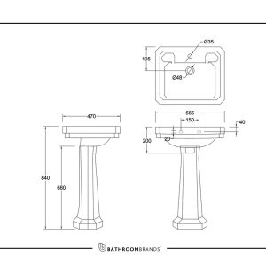 Burlington - Victorian Basin 560mm 1 Tap Hole - B2 1TH - spec