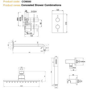 Inox Concealed Shower Combination 2 Outlets Stainless Steel - COM080-spec