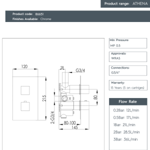 JTP - ATHENA SQUARE 1 Outlet Concealed Thermostatic Shower Valve in Chrome - 86651