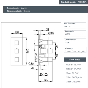 JTP - ATHENA SQUARE 3 Outlet Three Handle Concealed Thermostatic Shower Valve in Chrome - spec 86691