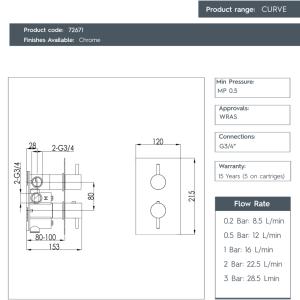 JTP-Curve Thermostatic Concealed 2 Outlet Shower Valve - 72671-spec