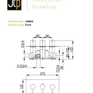 JTP - FLORENCE 2 Outlet Horizontal Concealed Thermostatic Shower Valve in Chrome - 15693A - spec