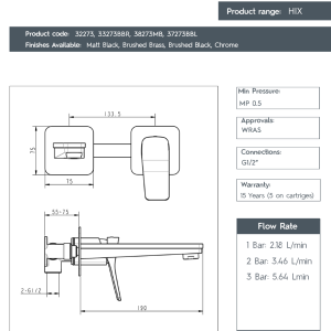 JTP - HIX Single Lever Wall Mounted Basin Mixer -31273BRZ -spec
