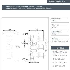JTP - HIX Thermostatic Concealed 2 Outlet Shower Valve - 31690BRZ-spec