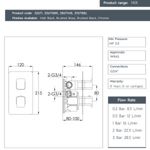 JTP- HIX Thermostatic Concealed 2 Outlet Shower Valve -32671 - spec