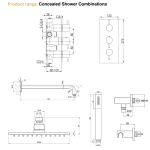 JTP - INOX Shower Pack 3 Handle in Stainless Steel - COM081-spec