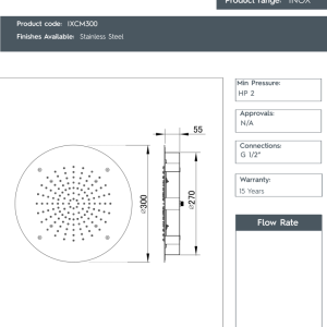 JTP -Inox ceiling mounted overhead shower, 300mm - IXCM300 -spec