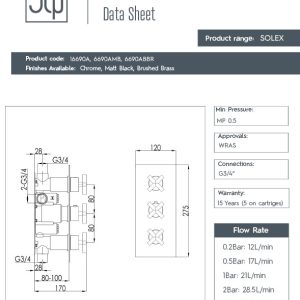 JTP - SOLEX 2 Outlet Three Handle Concealed Thermostatic Shower Valve in Chrome - 16690A - spec