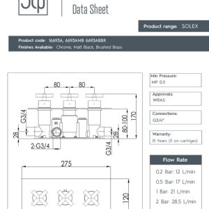 JTP - SOLEX 2 Outlet Three Handle Horizontal Concealed Thermostatic Shower Valve - spec