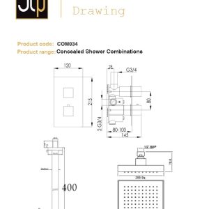 JTP - Shower Pack Square Thermostat with Overhead in Chrome - spec