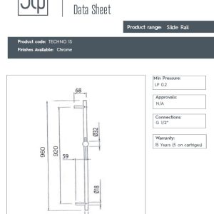 JTP - TECHNO Riser Rail with Single Function Shower Head in Chrome - spec