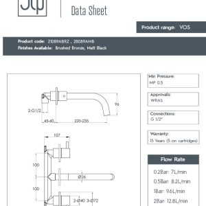 JTP - VOS 3-Hole Wall Mounted Basin Mixer in Brushed Bronze - 21089ABRZ - spec
