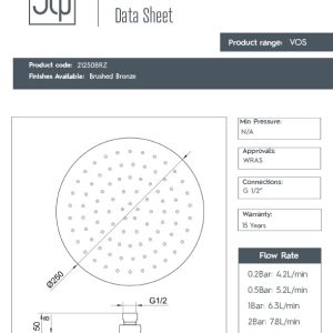 JTP - VOS Overhead Shower 250mm in Brushed Bronze - 21250BRZ - spec