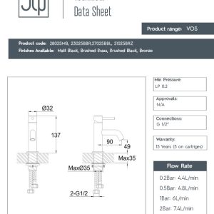 JTP - VOS Single Lever Mini Basin Mixer in Brushed Bronze - 21025BRZ - spec