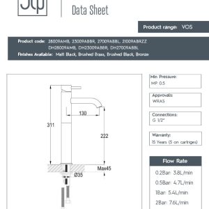 JTP - VOS Single Lever Tall Basin Mixer in Brushed Bronze - 21009ABRZ - spec