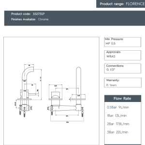 JTP – Florence Wall Mounted Basin Mixer Tap with Spout- 55273