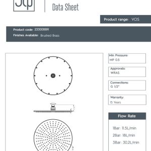 JTP – VOS Overhead Shower 300mm in Brushed Brass - spec