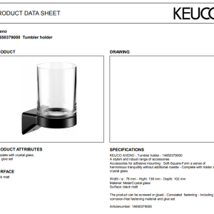 Keuco - Aveno Tumbler Holder with Crystal Glass Matt Black - 14650379000 - spec