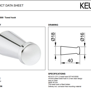 Keuco - City.2 Towel Hook 40 mm - 02714010000 - spec