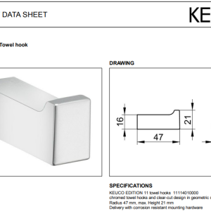 Keuco - Edition 11 Towel Hook - 11114010000 - spec
