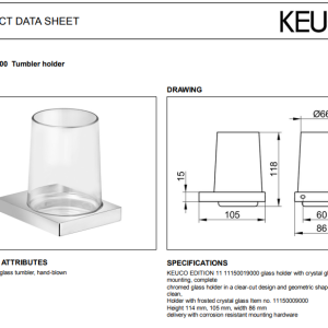 Keuco - Edition 11 Tumbler Holder with Crystal Tumbler Chrome-plated- 11150019000 - spec