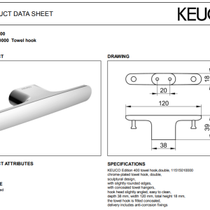 Keuco - Edition 400 Double Towel Hook - 11515010000-spec
