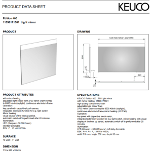 Keuco - Edition 400 Light Mirror with Mirror Heating 1410 x 650 x 33 mm - 11596172501 - spec
