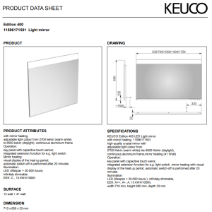 Keuco - Edition 400 Light Mirror with Mirror Heating 710 x 650 x 33 mm - 11596171501-spec