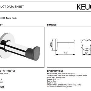 Keuco - Plan Towel Hook with Door Buffer 91 mm Chrome-plated - 14911010000 - spec