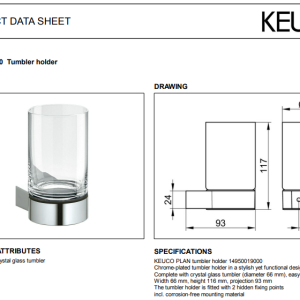 Keuco - Plan Tumbler Holder with Crystal Glass Tumbler Chrome-plated - 14950019000 - spec