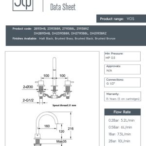 JTP - Vos 3-Hole Deck Mounted Basin Mixer Tap with Pop-Up Waste with Designer Handle - spec